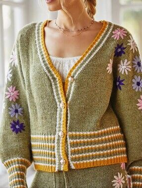 Raga Floral Embroidered Cardigan Olive Floral Knit Cardigan Sweater Mustard Trim